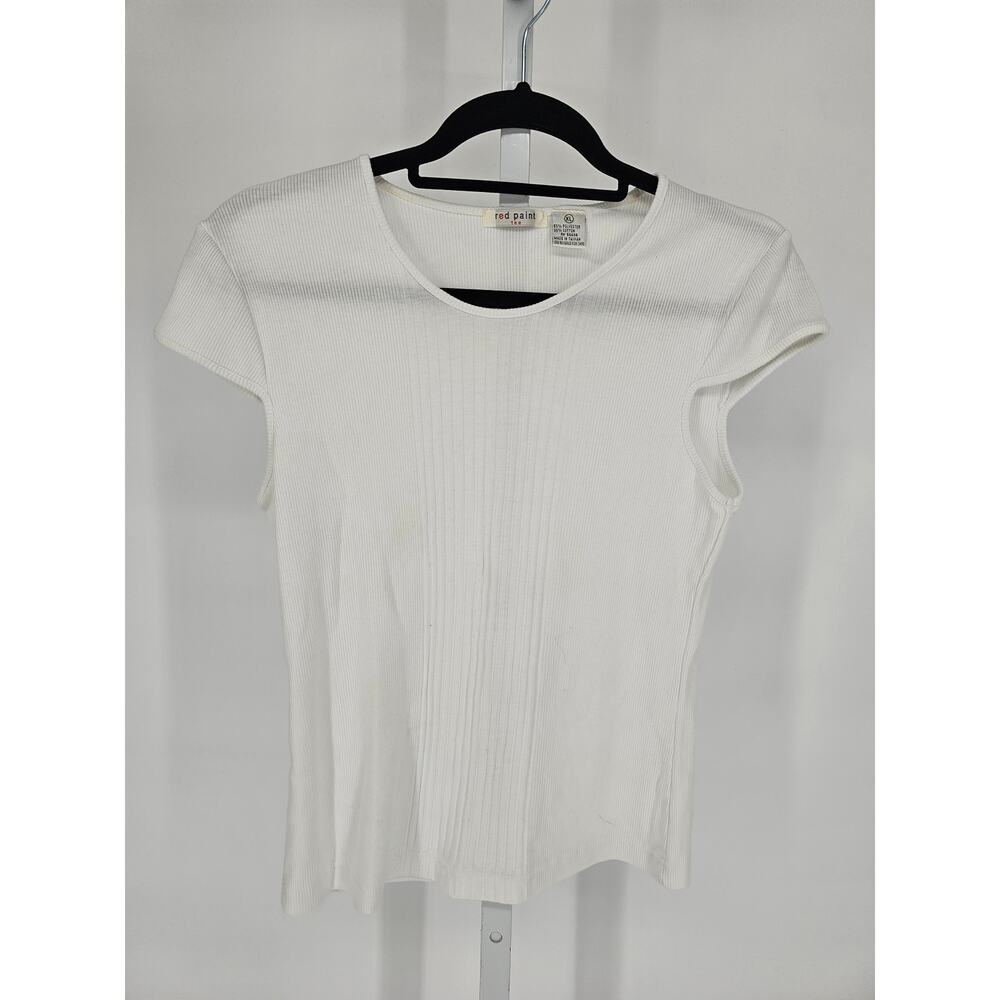 Vtg Y2K Red Paint Womens Sz XL Fitted Ribbed T Shirt White